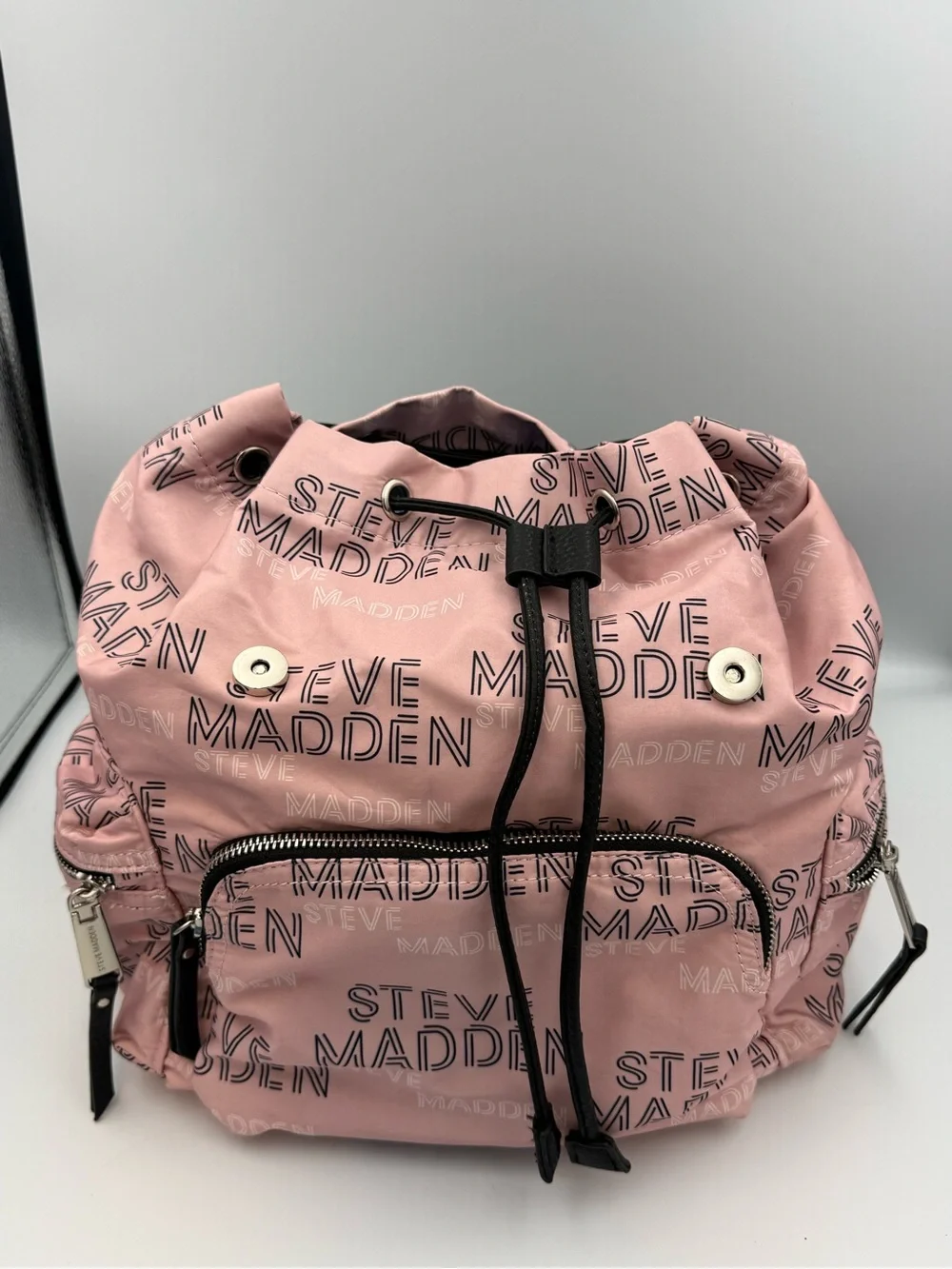 Steve Madden Pink Nylon Mini Backpack All Over Logo Spellout Drawstring Flap